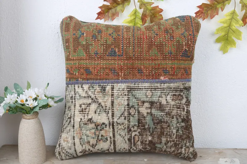 Bolster Throw Pillow Case, Pillow, Oriental Cushion Case, Home Decor Pillow, Turkish Kilim Pillow, Throw Kilim Pillow, 16x16 Brown Pillow Sham - 2