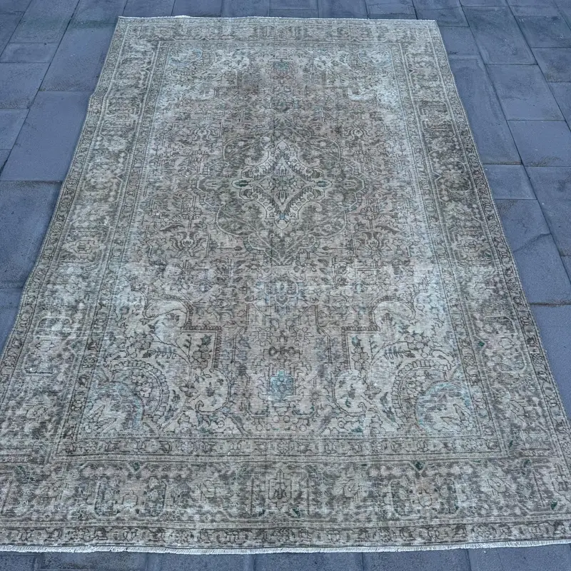 6.46x9.6 ft Vintage Halı, Türk Büyük Halı, Gri Kamuflaj Yün Halı - 1