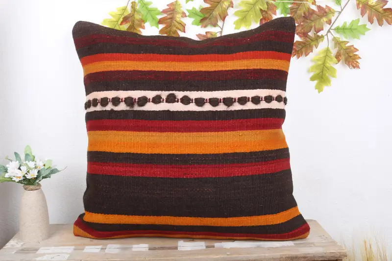 One Of A Kind Cushion Cover, Gift Pillow, Vintage Kilim Throw Pillow, Crochet Pattern Cushion, Pillow, Vintage Kilim Pillow, 24x24 Brown Pillow Sham - 2