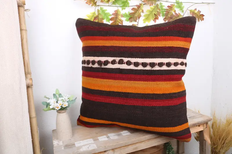 One Of A Kind Cushion Cover, Gift Pillow, Vintage Kilim Throw Pillow, Crochet Pattern Cushion, Pillow, Vintage Kilim Pillow, 24x24 Brown Pillow Sham - 4