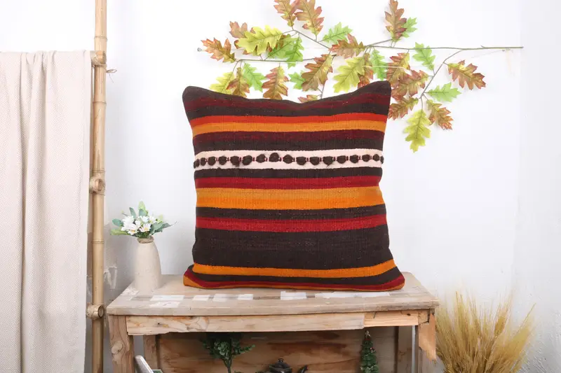 One Of A Kind Cushion Cover, Gift Pillow, Vintage Kilim Throw Pillow, Crochet Pattern Cushion, Pillow, Vintage Kilim Pillow, 24x24 Brown Pillow Sham - 1