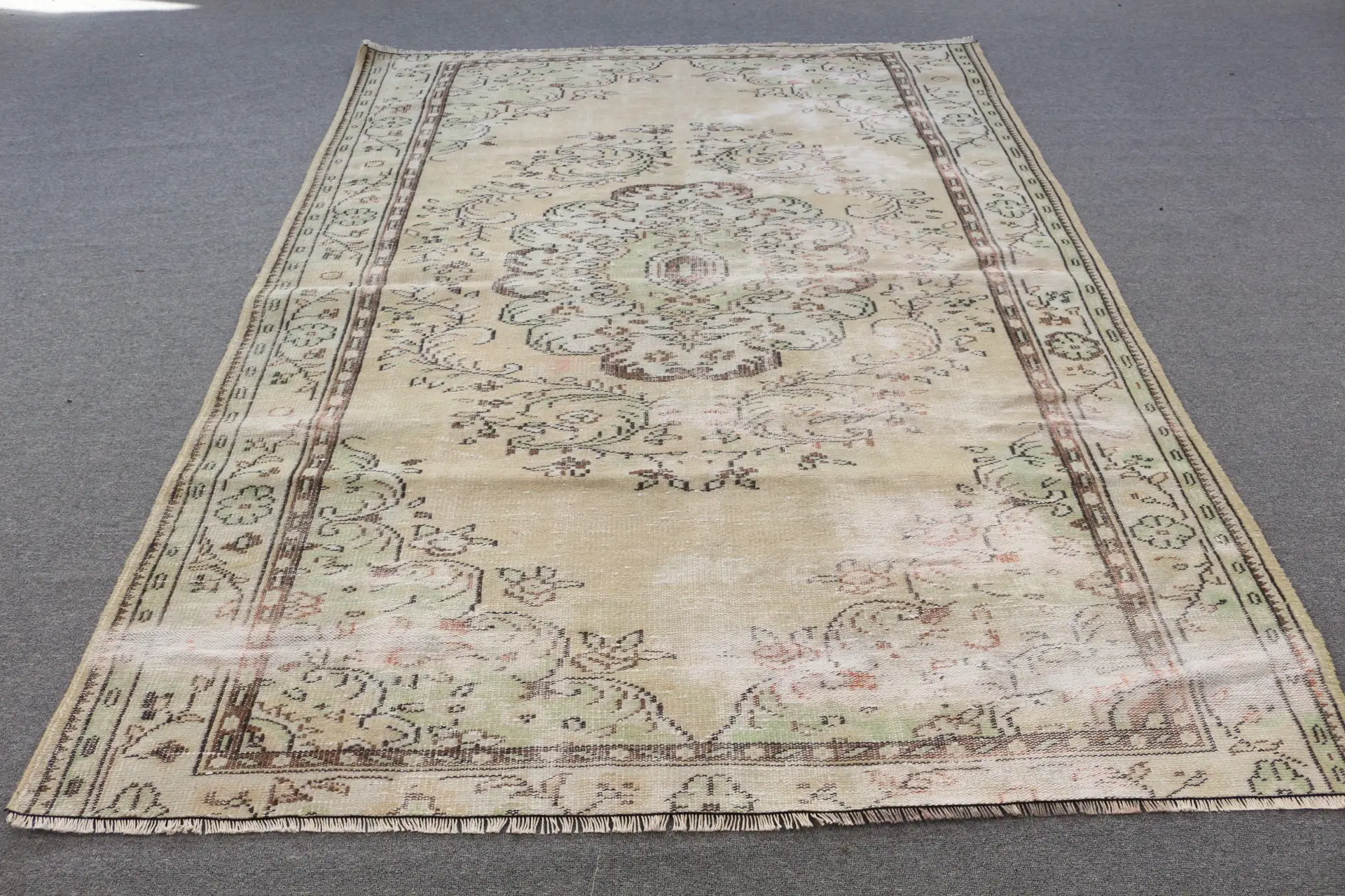 Turkish Rug, 6.1x8.4 ft Large Vintage Rug, Green Brown Floral Rug - 1
