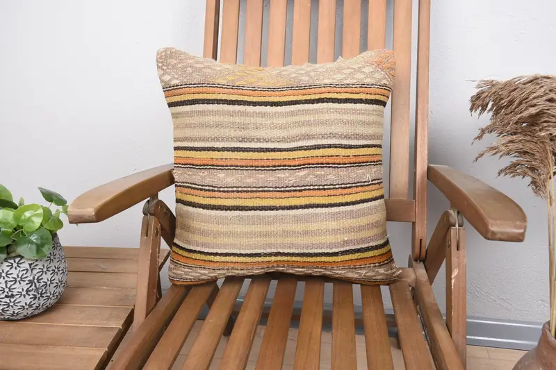 Home Decor Pillow, Kilim Cushion Sham, Turkish Pillow, Turkish Rugs Cushion Cover, 18x18 Beige Pillow, Square Throw Pillow Cover, Pillow Case - 1