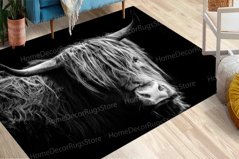 エレガントなハイランドカウプリントラグ：自然からインスピレーションを得た室内装飾