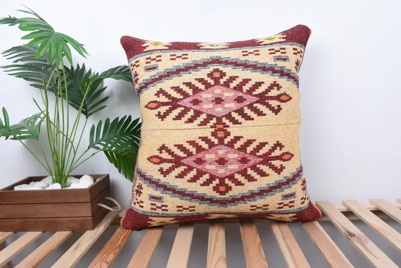 Turkish Kilim Pillow, Accent Throw Cushion Case, Boho Pillow, Vintage Kilim Pillow, Pillow Cover, 24x24 Beige Pillow Cover - 1