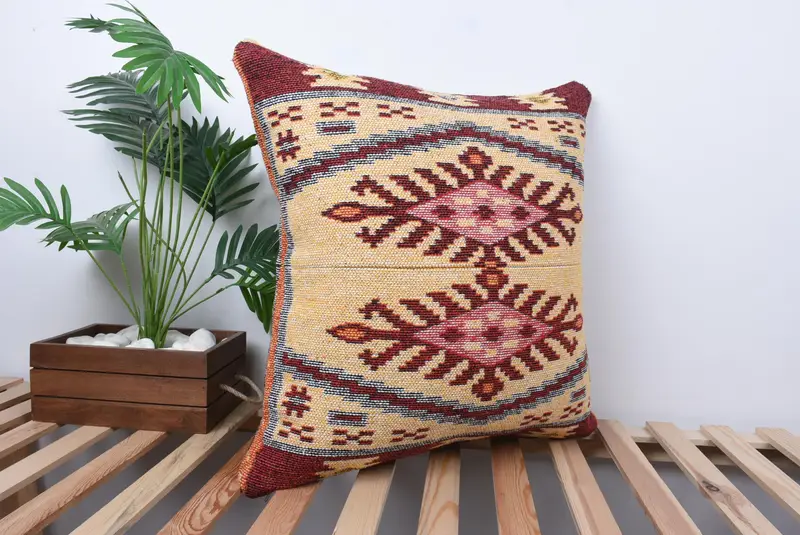 Turkish Kilim Pillow, Accent Throw Cushion Case, Boho Pillow, Vintage Kilim Pillow, Pillow Cover, 24x24 Beige Pillow Cover - 4