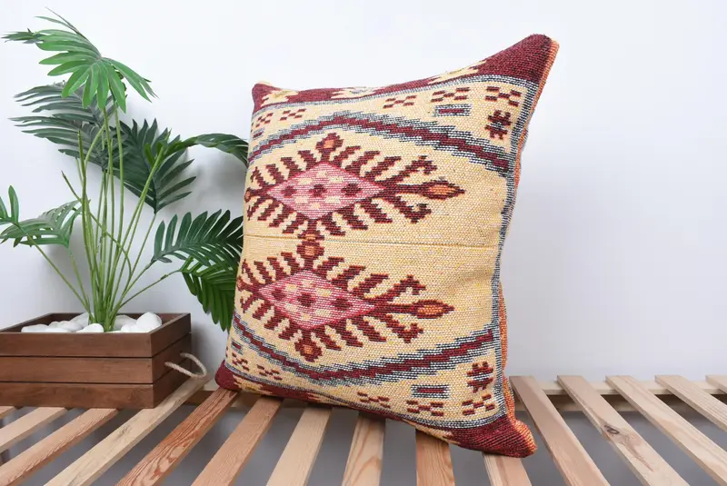 Turkish Kilim Pillow, Accent Throw Cushion Case, Boho Pillow, Vintage Kilim Pillow, Pillow Cover, 24x24 Beige Pillow Cover - 5
