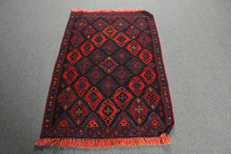 3x4.4 ft Kilim Turkish Rug, Red Abstract Vintage Rug Wool - 1