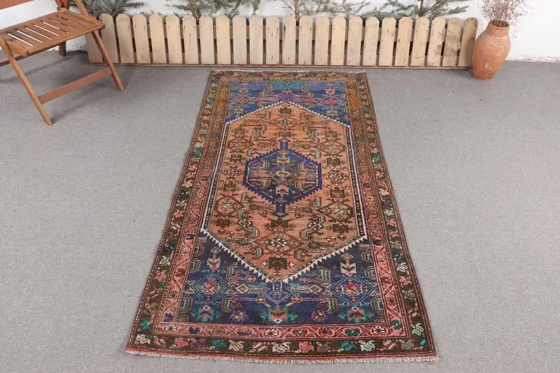 El Yapımı Kahverengi & Mavi Halı, 3,6x6,8 ft Puantiyeli Tasarım