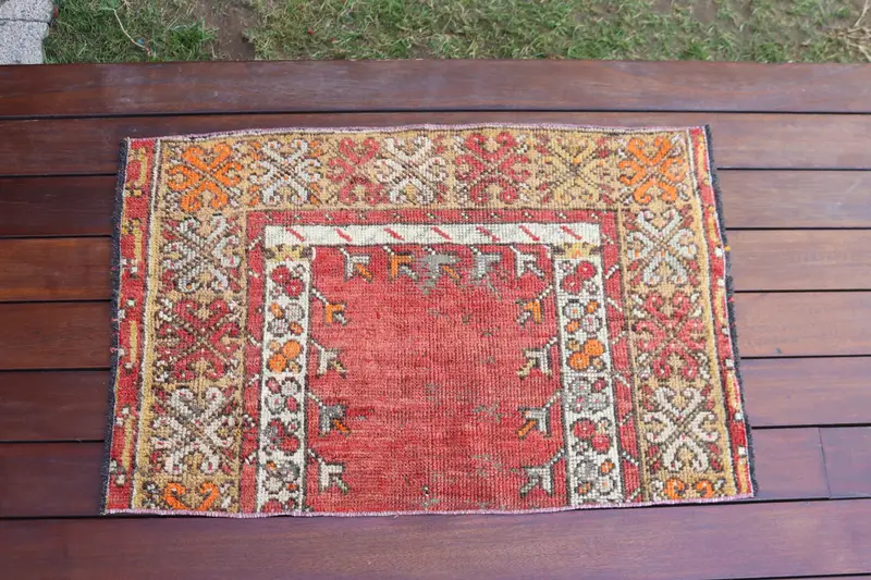 Vintage Turkish Oushak Rug 1.7x2.6 ft (53x80 cm), Red Southwestern Wool Rug - 1