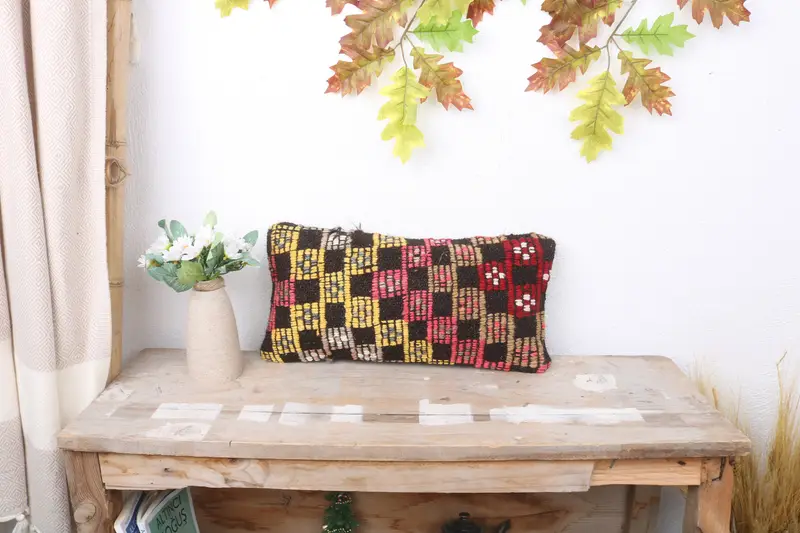 Vintage Kilim Pillow, Cushion Cover, Turkish Kilim Pillow, Boho Throw Cushion Case, Aztec Pillow Sham, 8x16 Yellow Pillow Sham, Pillow for Sofa - 1