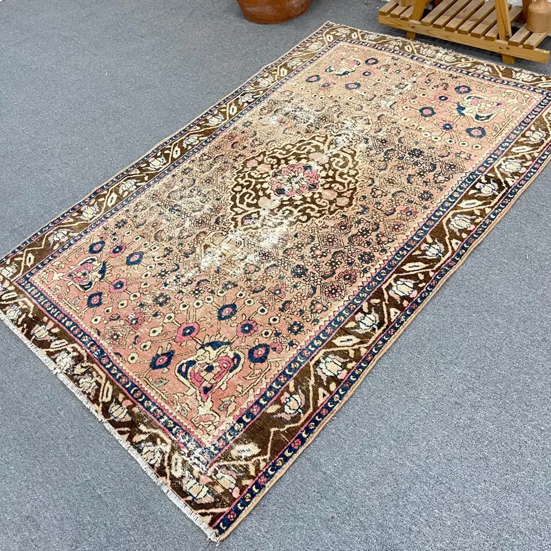 Vintage Rug, Area 4.2x6.4 ft Rug, Oushak Brown Floral Rug - 1