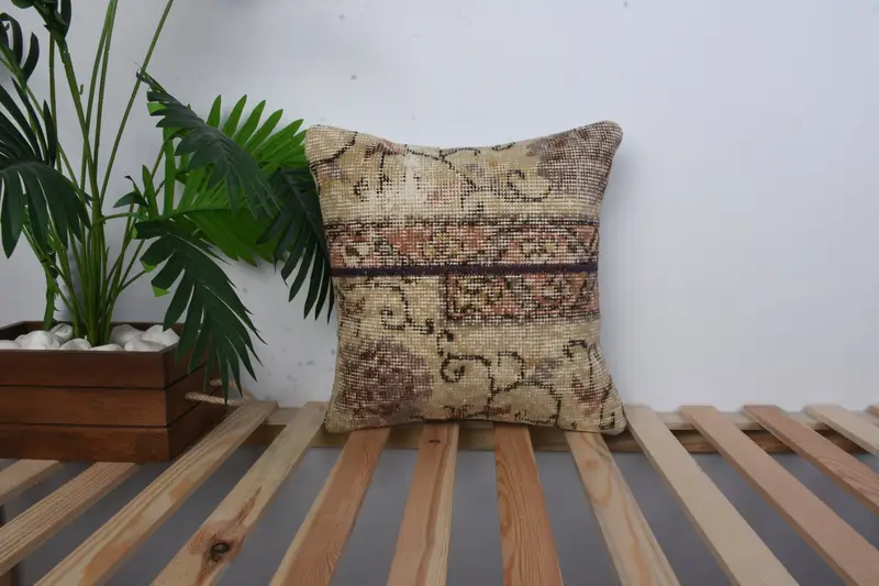 Kilim Pillow, Handmade Kilim Cushion, Pillow, Interior Designer Pillow, 16x16 Beige Cushion Case, Pattern Throw Pillow Case, Handmade Pillow Sham - 1