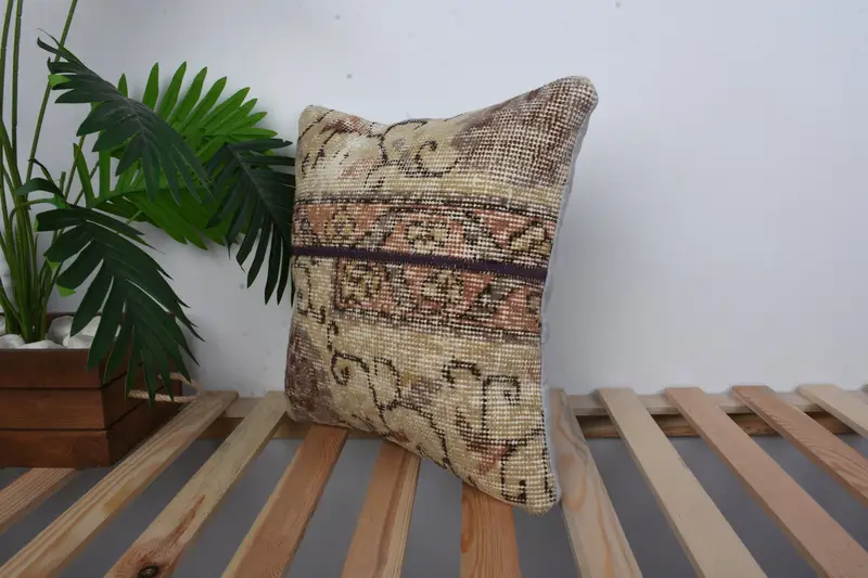 Kilim Pillow, Handmade Kilim Cushion, Pillow, Interior Designer Pillow, 16x16 Beige Cushion Case, Pattern Throw Pillow Case, Handmade Pillow Sham - 5