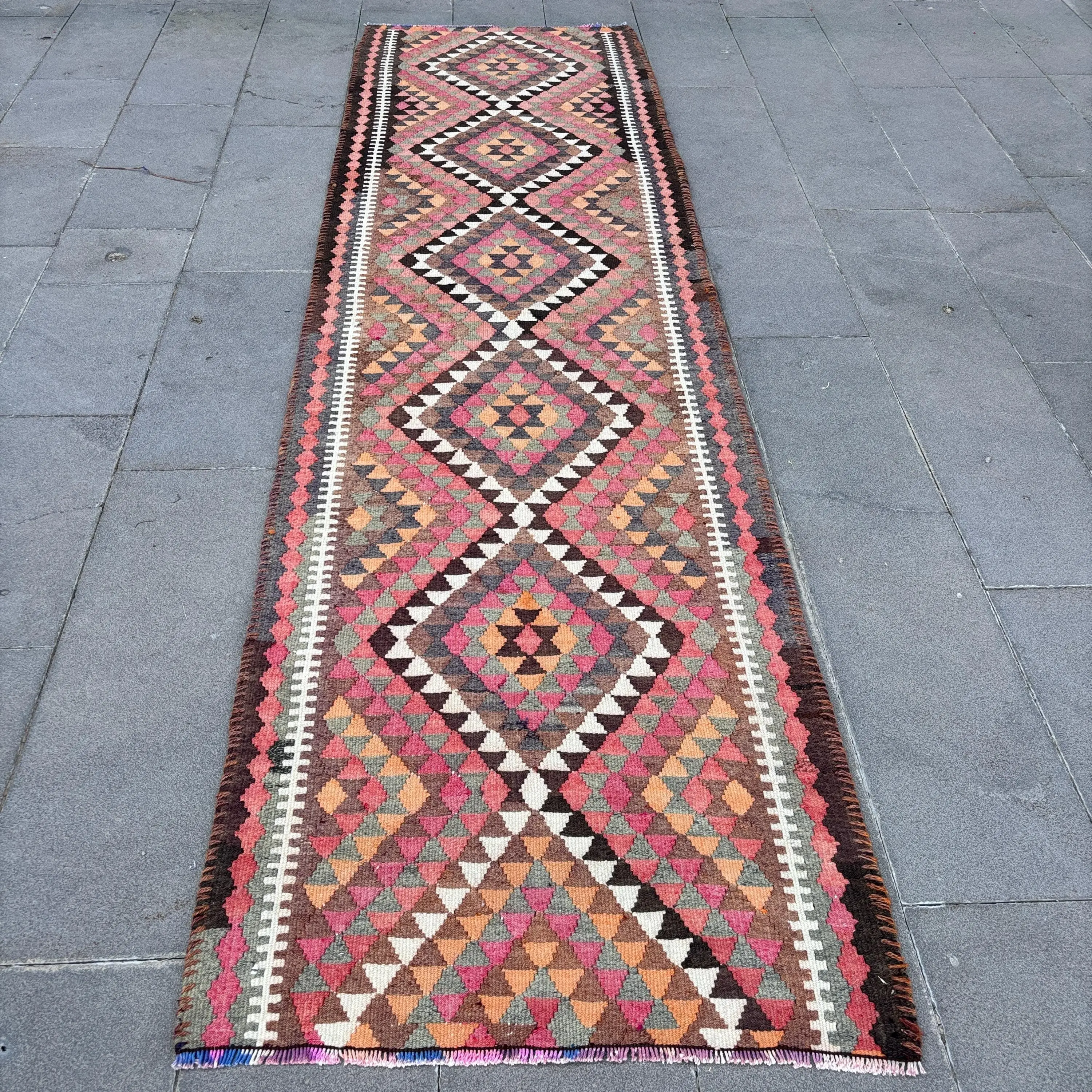 Vintage Rug, 3x10.6 ft Runner Turkish Rug, Red Brown Ikat Rug - 1