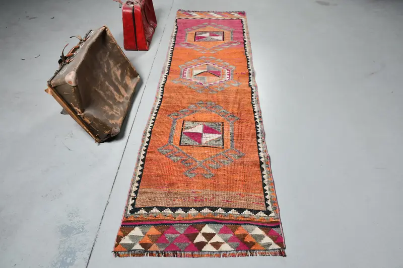 2,5x9,7 ft Herki Teppich, Türkischer Vintage Teppich, Orange Grau Orientalischer Teppich - 1