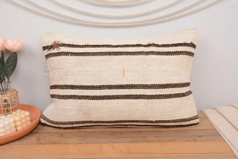 Handmade Striped Throw Pillow, 16x24 Inches Embroidered Cushion - 2