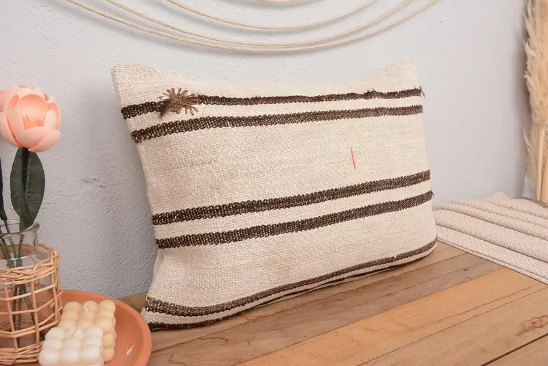 Handmade Striped Throw Pillow, 16x24 Inches Embroidered Cushion - 1