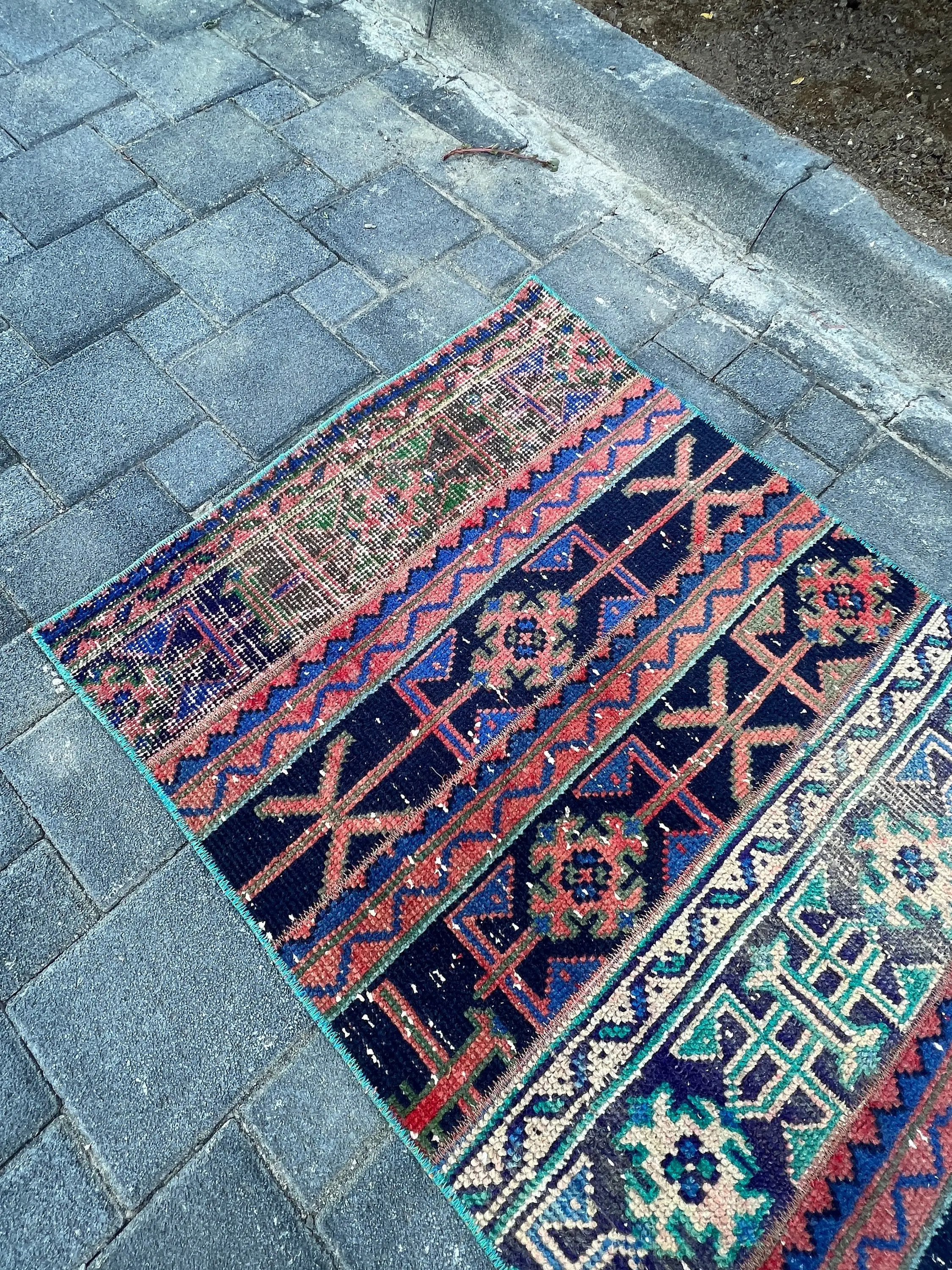1.5x4.9 ft Rug, Turkish Vintage Rug, Blue Bordered Wool Rug - 1