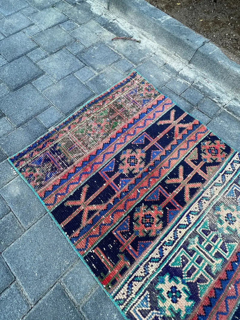 Orange & Blue Rug, 2.5x4.9 ft Bordered Design