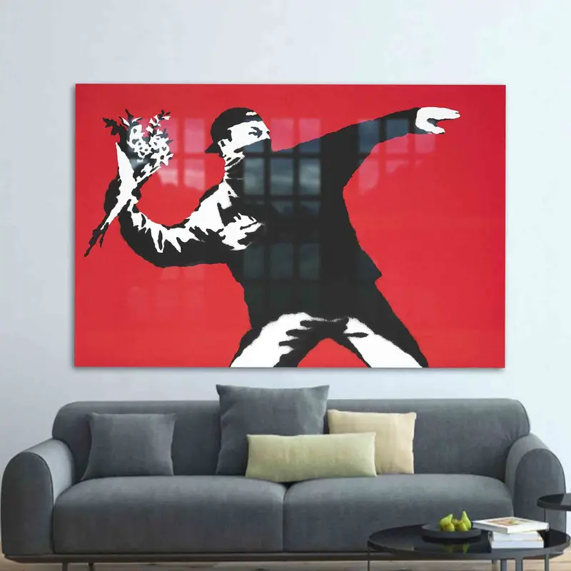 Elegant Printed Glass: Banksy Flower Thrower Graffiti Design