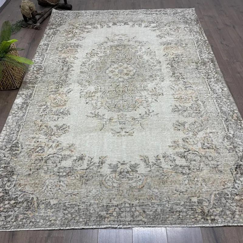 Vintage 6.1x9.1 ft Rug, Oushak Turkish Rug, Gray Abstract Rug Wool - 1