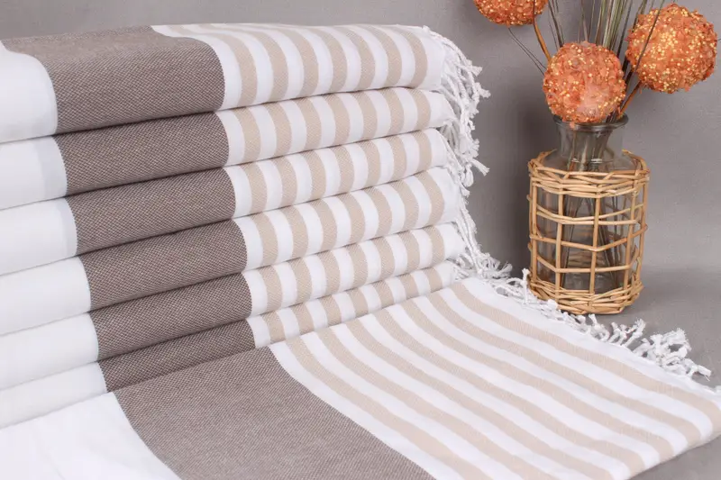 Embroidered Beach Towel Brown-Light Beige Stripes, Organic Cotton, 40x71 Inches