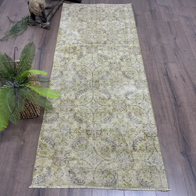 2.8x6.7 ft Halı, Türk Vintage Halısı, Yeşil Beyaz İkat Yün Halı - 1
