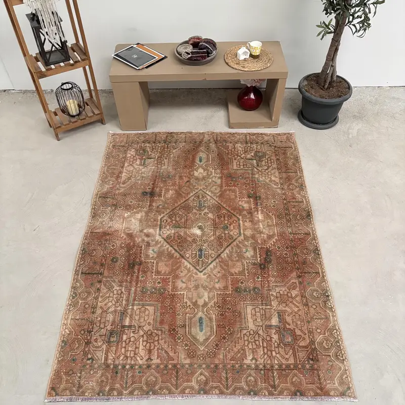 5x6.6 ft Turkish Vintage Rug, Area Rug, Brown Oushak Geometric Rug - 1