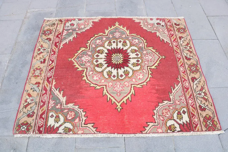 4.4x3.6 ft Vintage Rug, Turkish Accent Rug, Red Gray Solid Rug - 1