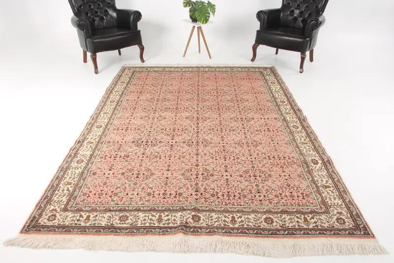 Vintage 6.5x9.4 ft Halı, Oushak Türk Halısı, Pembe Çiçekli Yün Halı - 1