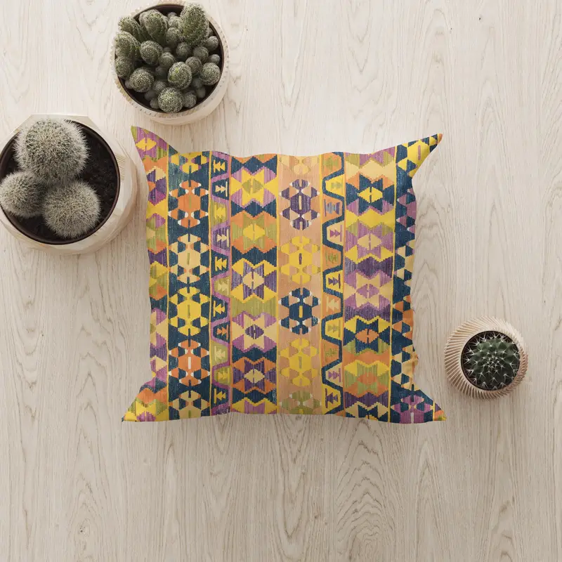 Almohada de tiro bordada marrón y púrpura, cojín vintage hecho a mano