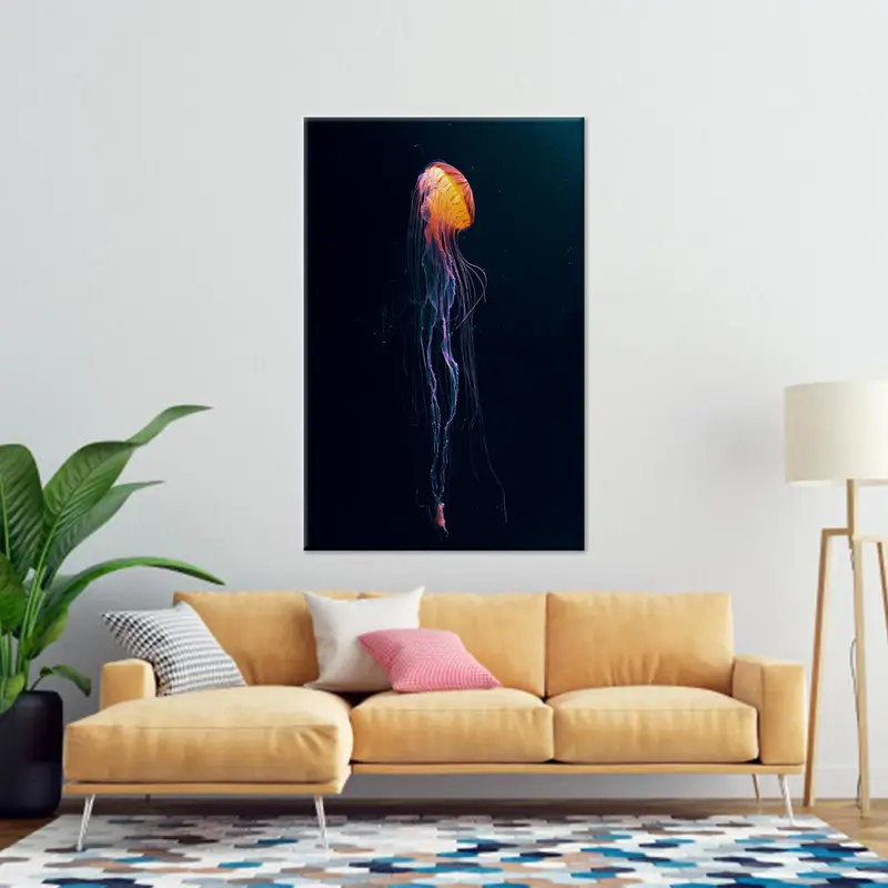 Vibrant Orange Jellyfish Underwater Scene Printed Canvas Art