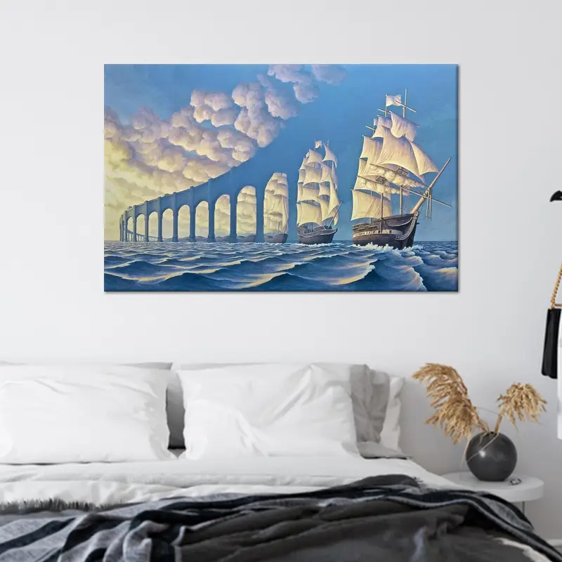 Gerçeküstü Deniz Soyut Mavi Kanvas: Zarif Gemi Baskısı