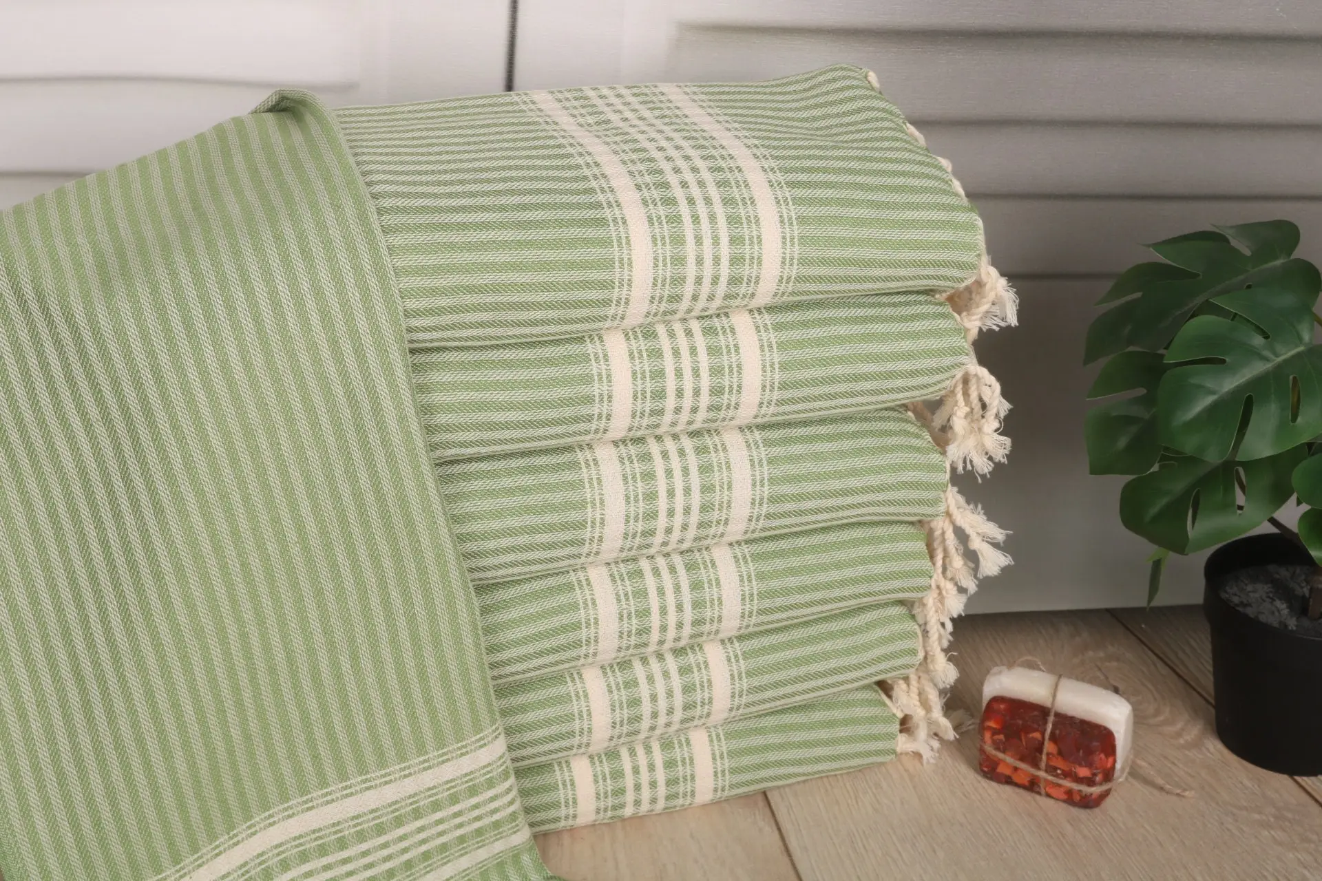 Wedding Gift Personalized Green Cotton Tea Towel, Striped, 18x40 Inches - 1