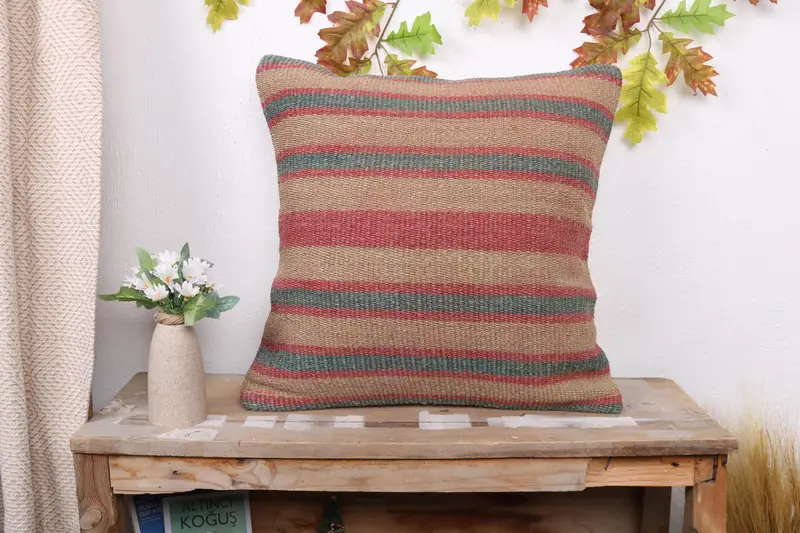 Handmade Kilim Cushion, Turkish Kilim Pillow, Pillow Case, Turkish Corner Cushion, Sofa Cushion, Pillow for Sofa, 20x20 Green Cushion - 1