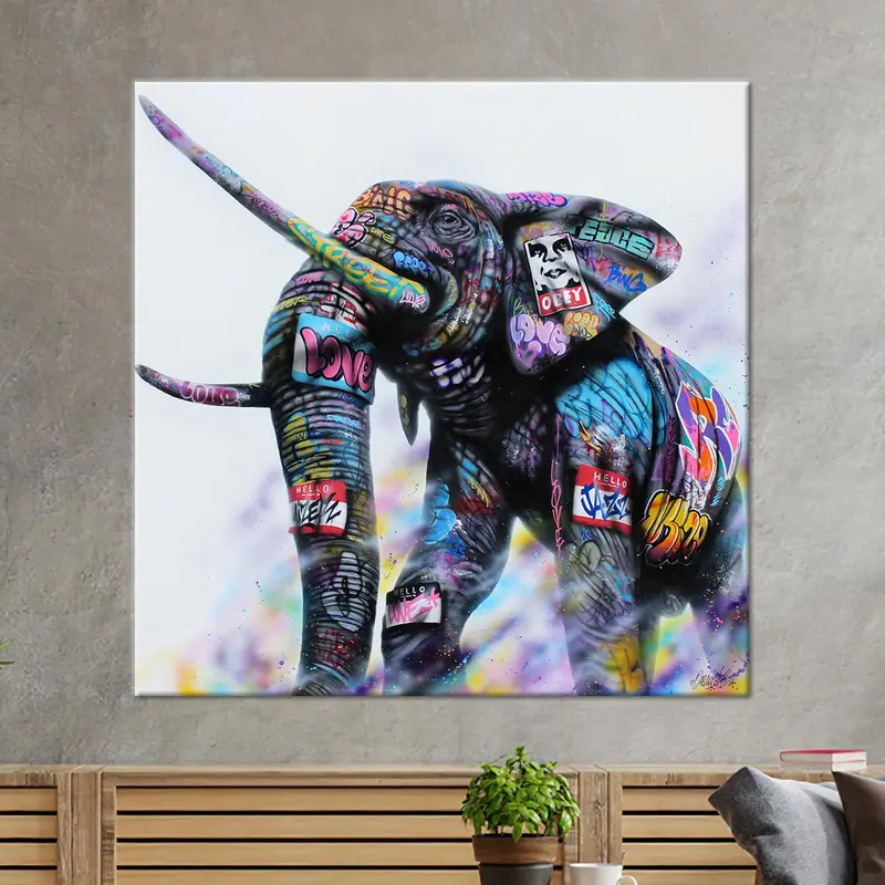鮮やかな象のキャンバス: カラフルな動物の落書きアート プリント