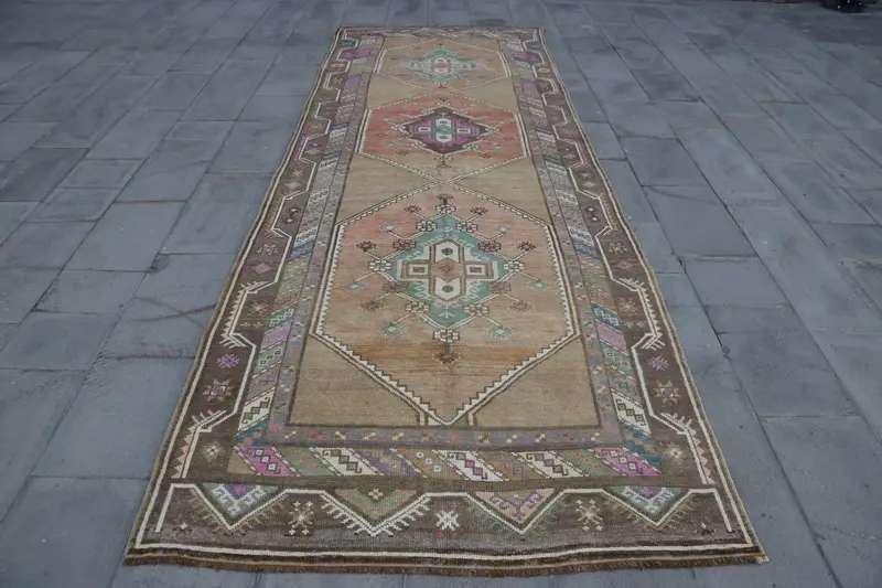 Vintage Runner Rug 4.5x12.9 ft, Brown Floral Turkish Wool Rug - 1