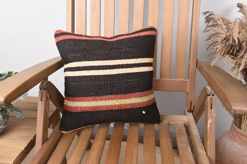 Striped Turkish Cushion, 36x36 cm Brown Pillow Sham, Coastal Small Square Moroccan Cushion Case - 1