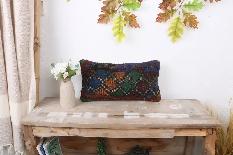 Morroccon Kilim Cushion Pillow Case, Interior Designer Pillow, Antique Pillows, Pillow Sham, 8x16 Blue Cushion Case, Turkish Kilim Pillow - 1