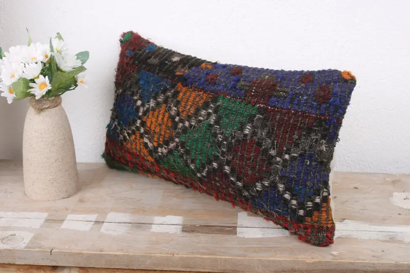 Morroccon Kilim Cushion Pillow Case, Interior Designer Pillow, Antique Pillows, Pillow Sham, 8x16 Blue Cushion Case, Turkish Kilim Pillow - 4