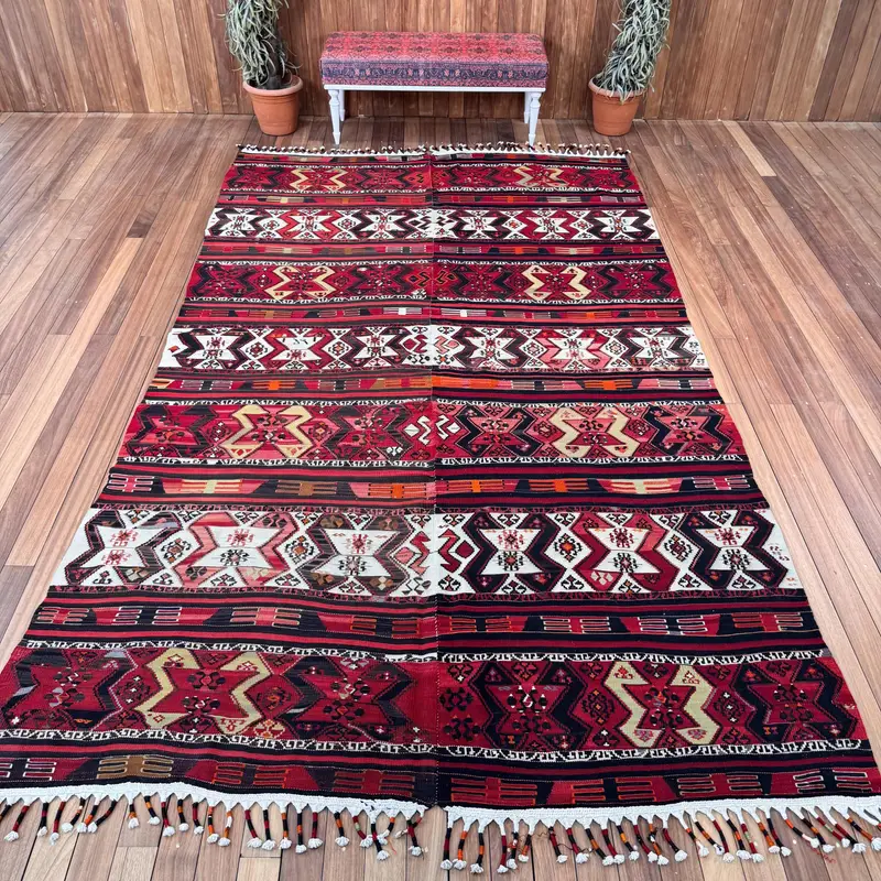 7.1x12.1 ft Turkish Oushak Rug, Vintage Rug, Red Floral Wool Rug - 1