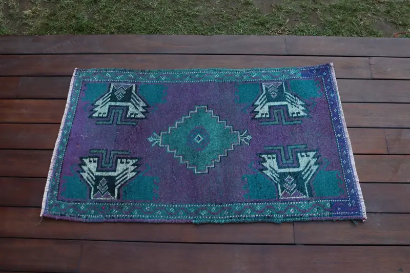 Alfombra vintage, alfombra pequeña de 1,7x2,9 pies, alfombra de lana Oushak azul púrpura - 1
