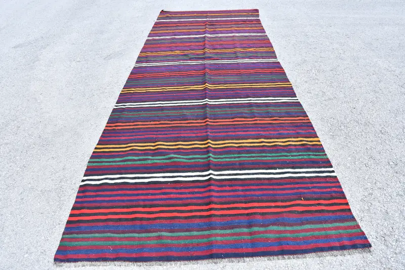 Turkish Vintage Rug 5.2x15 ft, Blue Kilim Polka dot Rug - 1