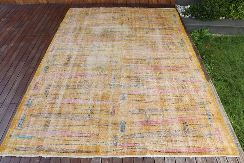 手作りのイエロー&レッドチェックラグ、0.6x10.3フィート