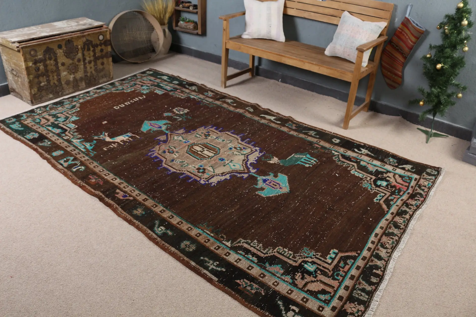5.5x9.2 ft Halı, Türk Vintage Halısı, Kahverengi Mavi Kamuflaj Halı - 1