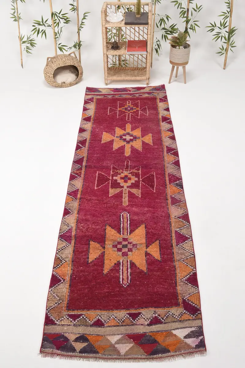 Vintage Turkish Rug 3x9.8 ft (90x300 cm), Herki Purple Patchwork Rug - 1