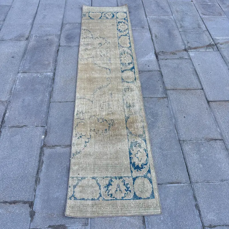 Vintage Turkish Oushak Rug 1.7x7.5 ft (52x229 cm), Blue Bordered Wool Rug - 1