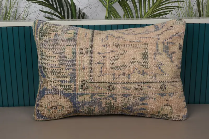 Blaues und beiges Southwestern-Wurfkissen, handgefertigtes 16x24 besticktes Kissen
