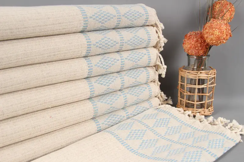 Monogram Kilim Design Turquoise Bath Towel, Organic Cotton, 20x40 Inches